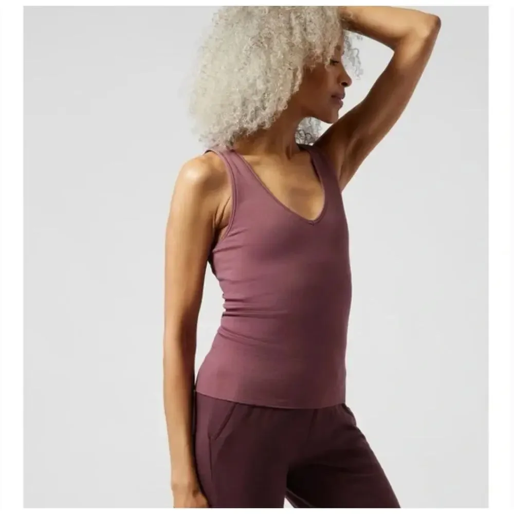 Athleta Aurora V-Neck Ribbed Tank Top L Pink Tawny Rose Running Yoga Athleisure